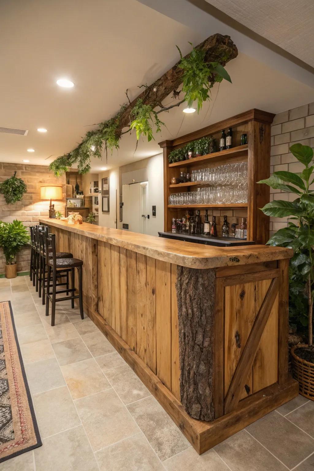 A natural edge bar surface acts as a natural and striking centerpiece.