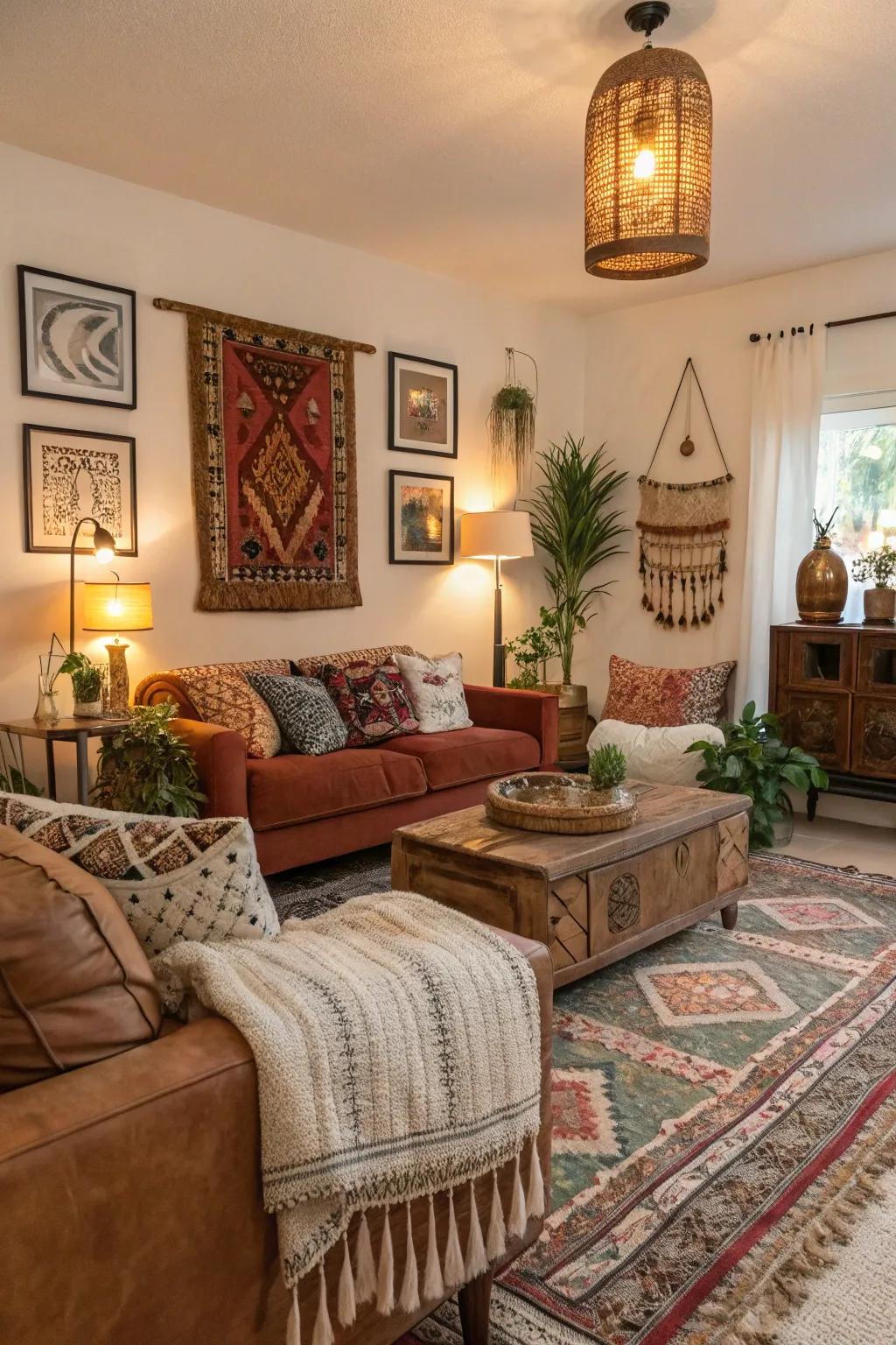 Varied boho living space with blended styles.
