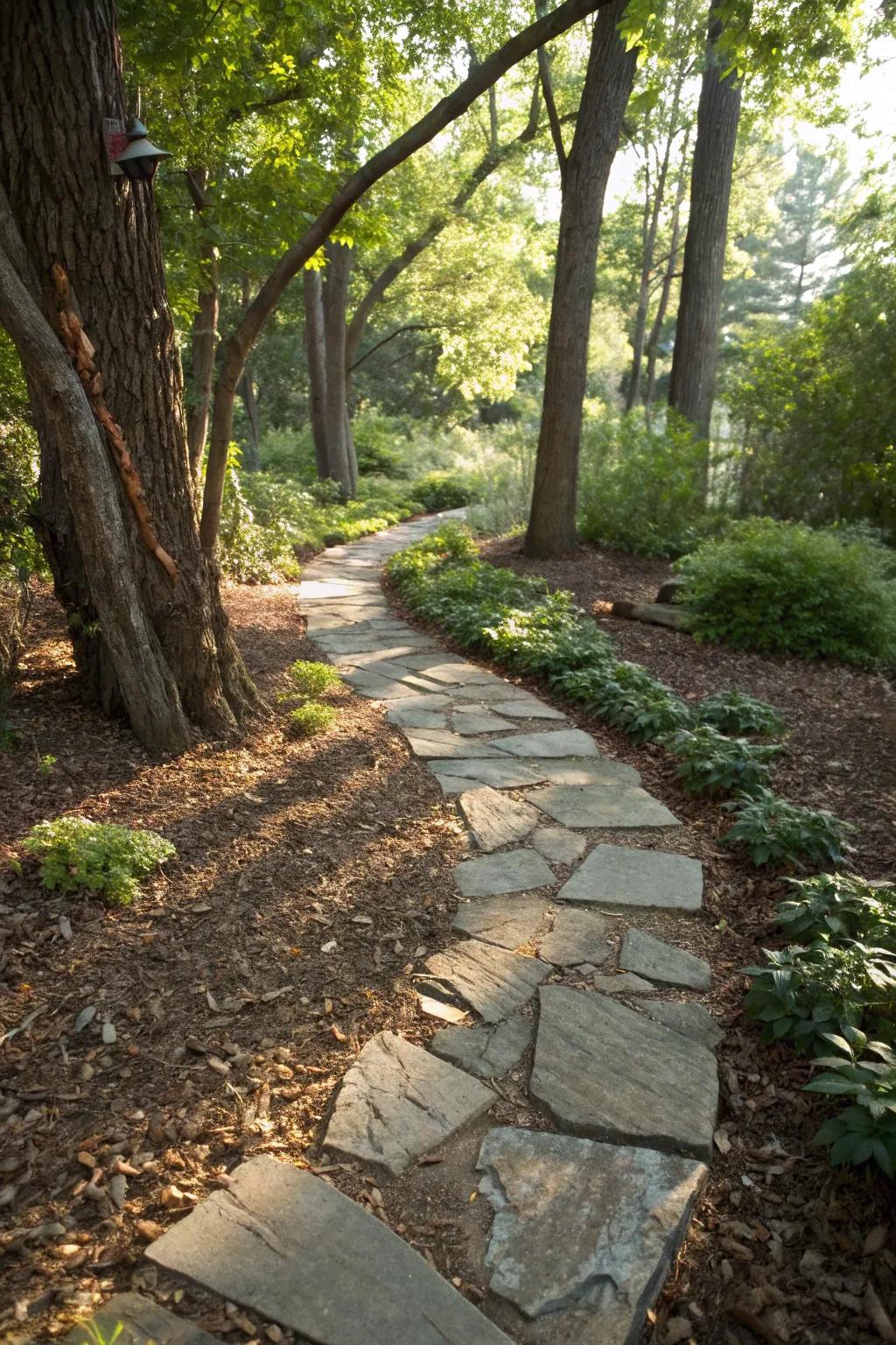 Wood pieces adding a rustic texture between pavers.