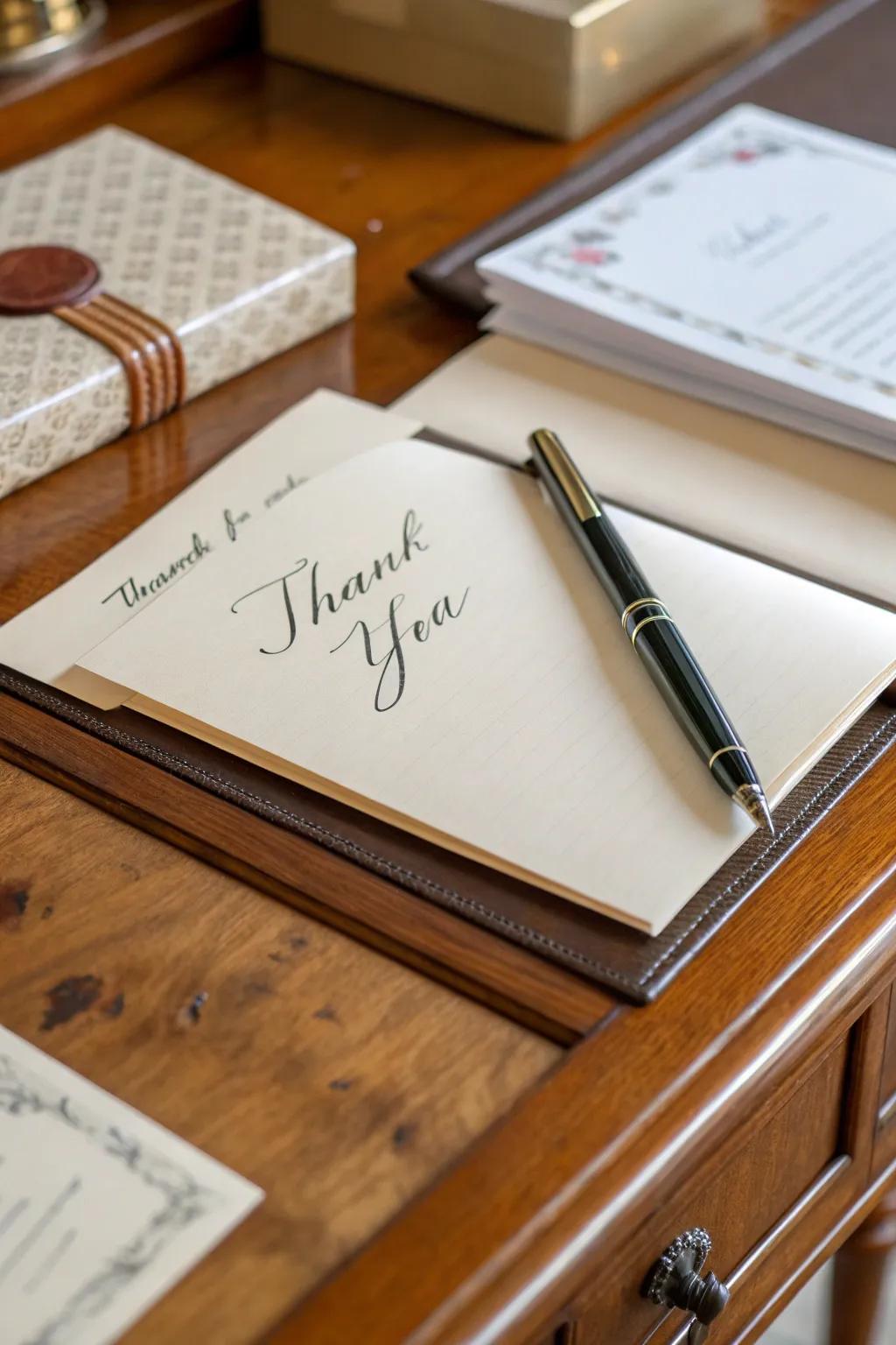 A handwritten thank you note adds a personal, heartfelt touch.