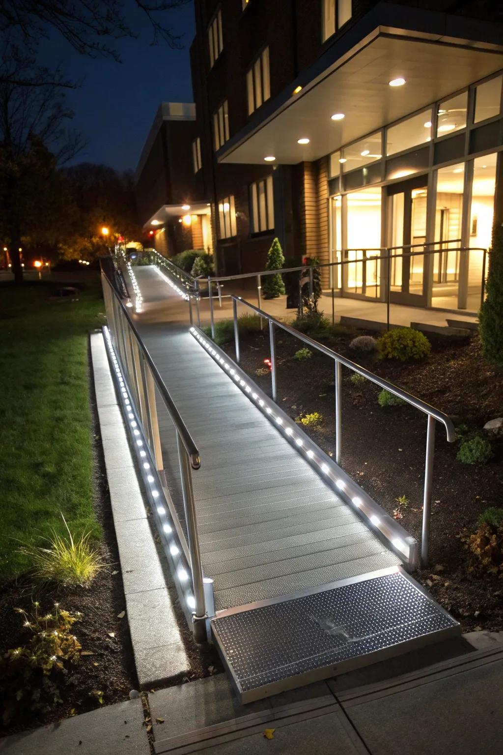 A ramp illuminated with LED lights for enhanced safety and aesthetics.