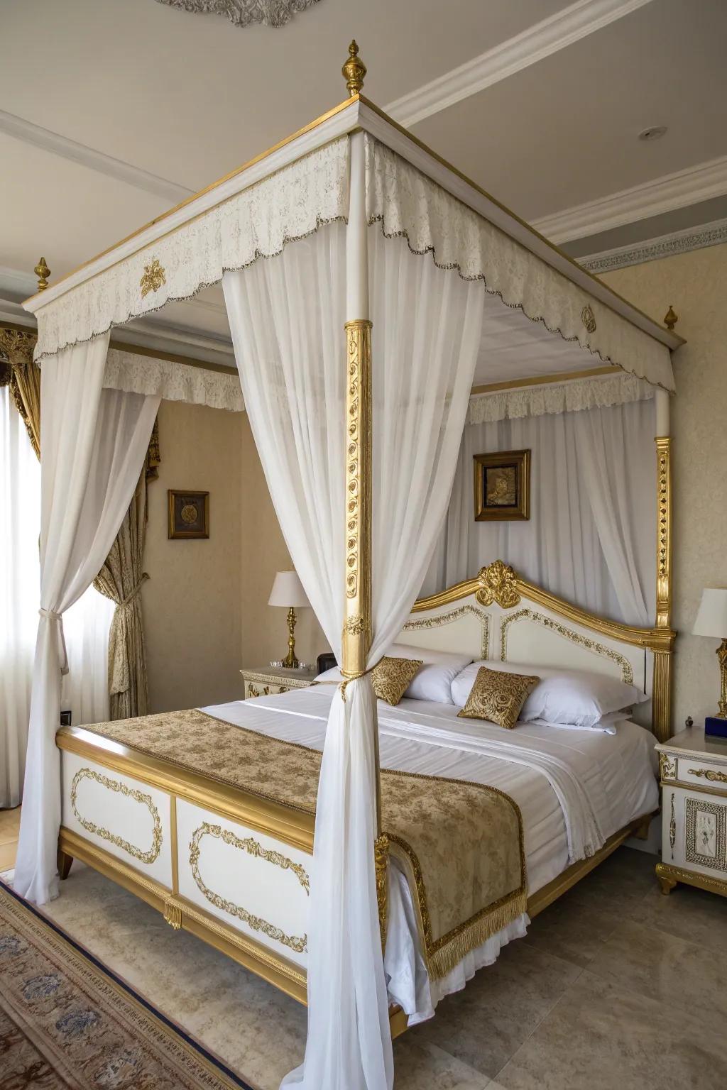 The use of a white and gold canopy bed creates an elegant look.