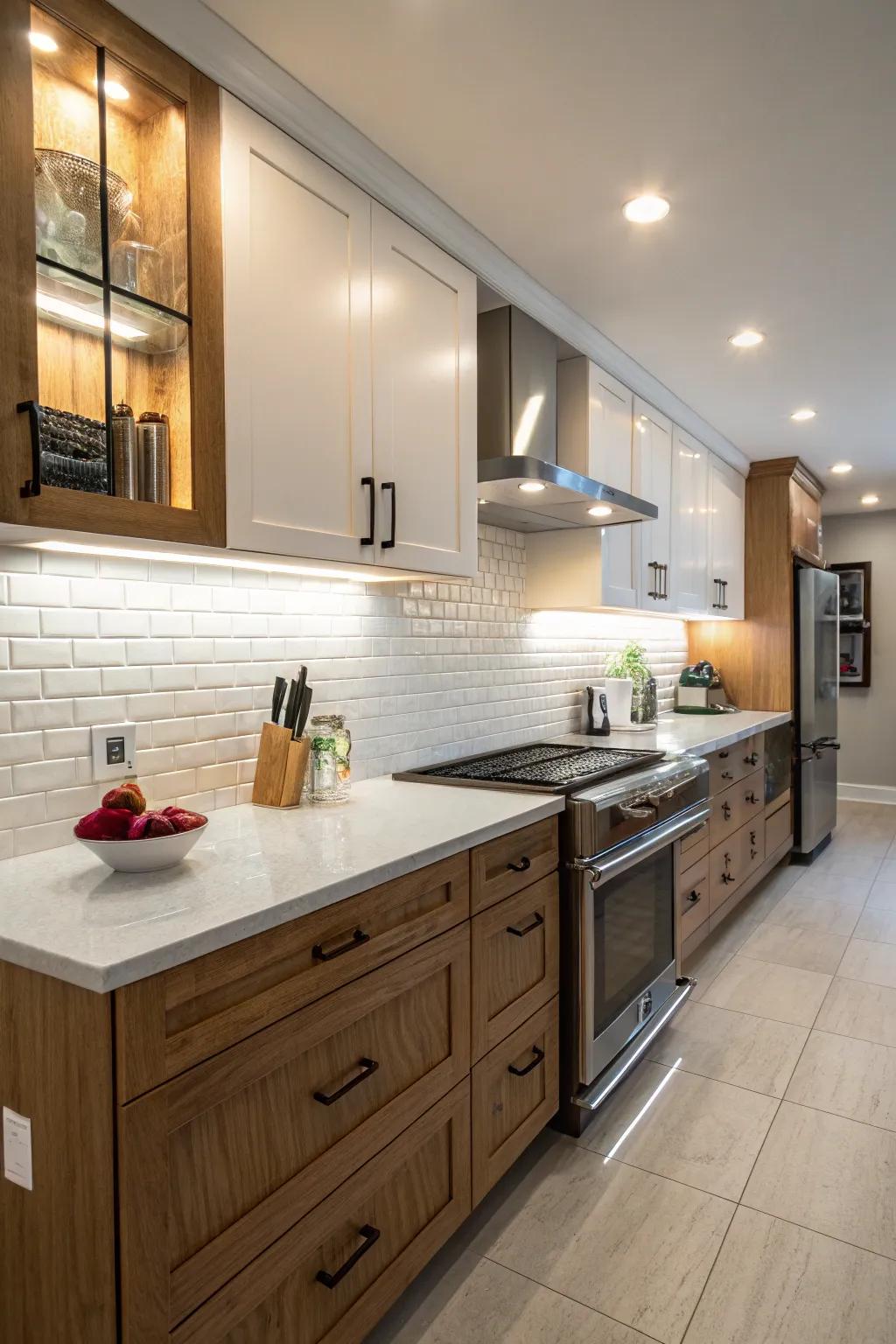 Bright lighting enhances the white backsplash.