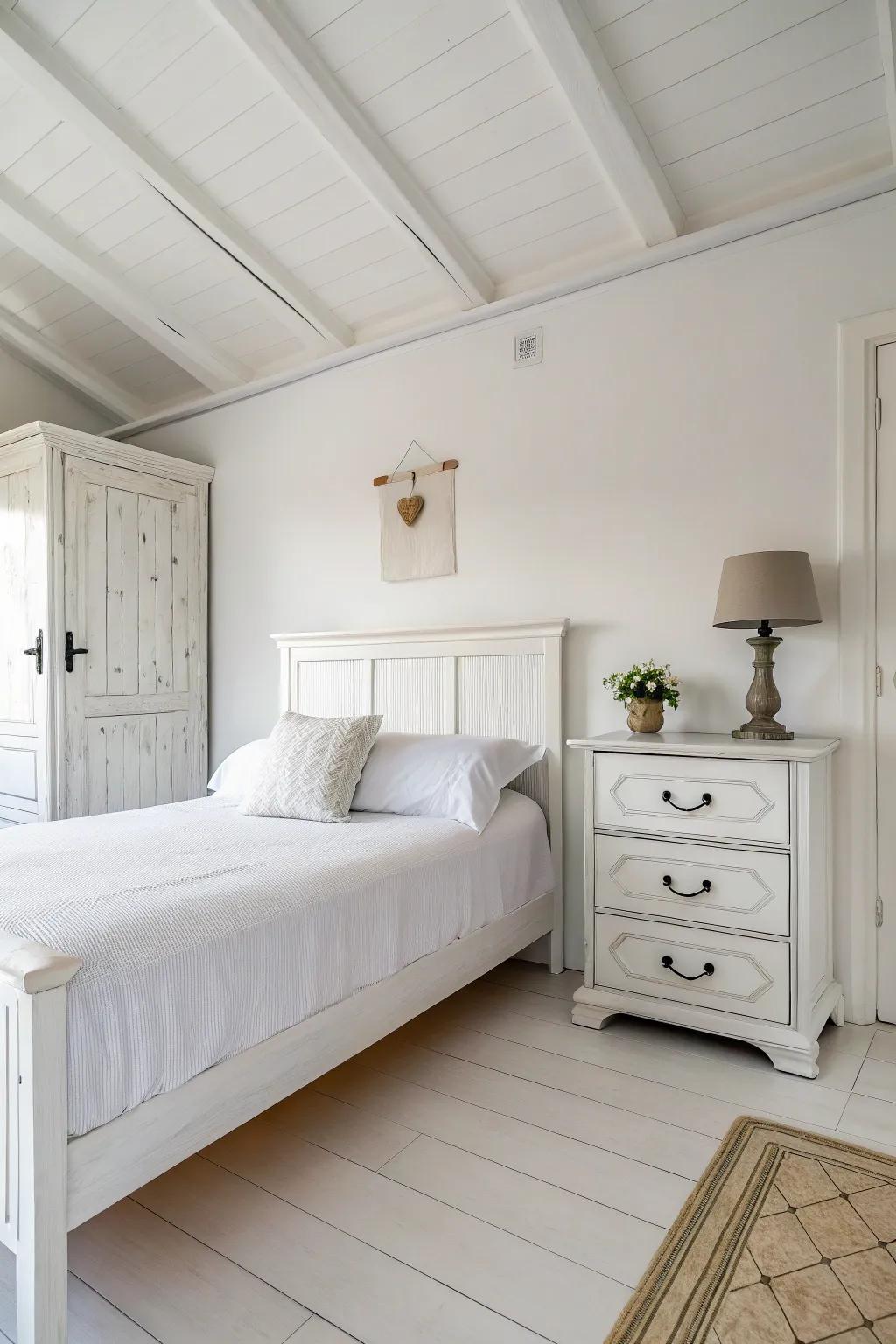 Minimalist furniture maintains a clean look in a white bedroom.