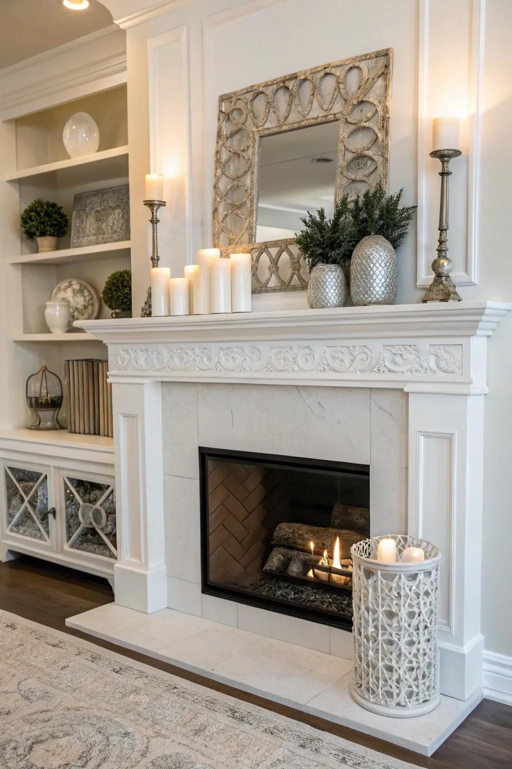 Symmetrical decor brings a sense of balance to a white fireplace.