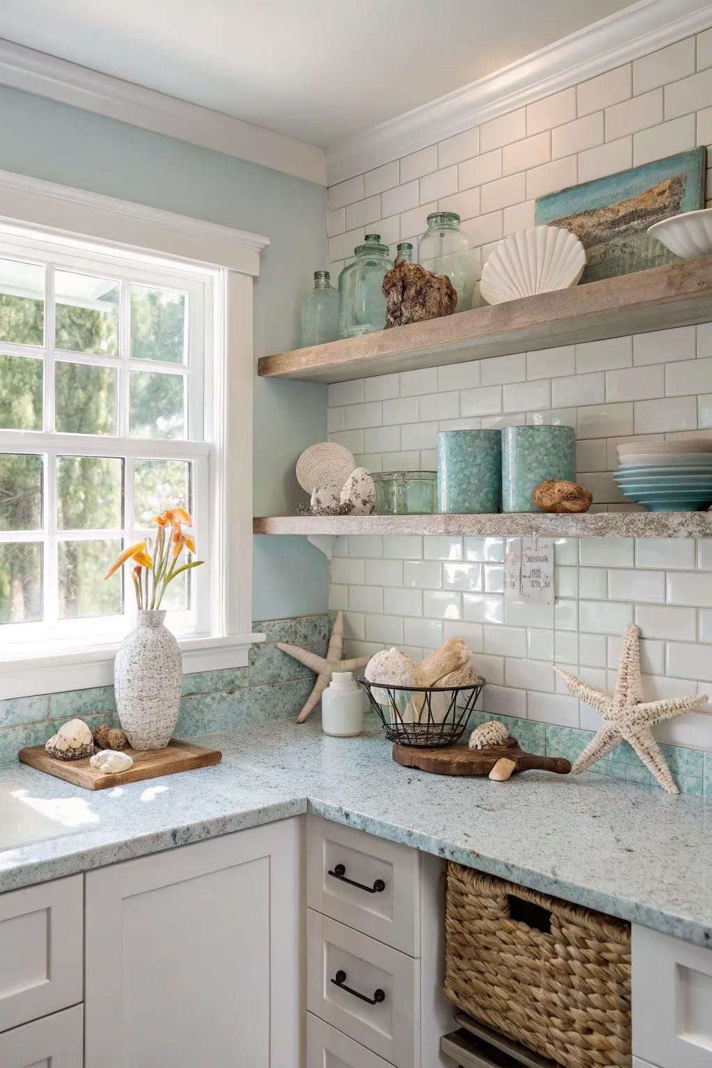 Blue accents combined with frost white granite show a calming coastal vibe.