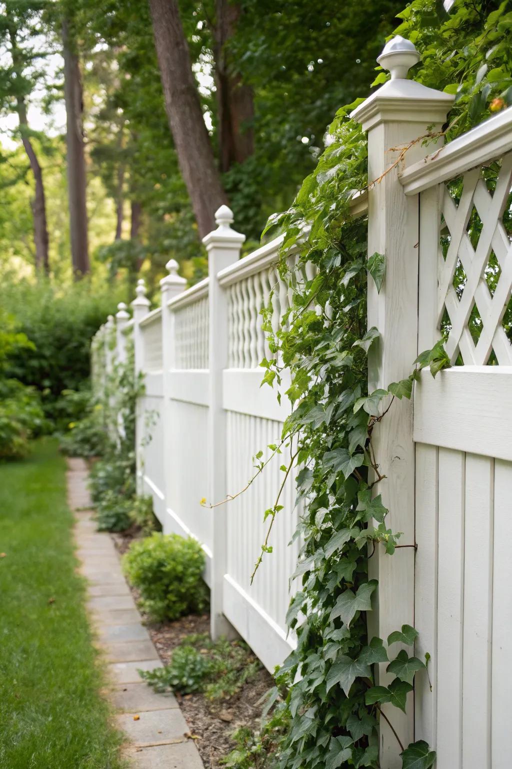 Trellis sections allow a white fence to become a stunning vertical garden.