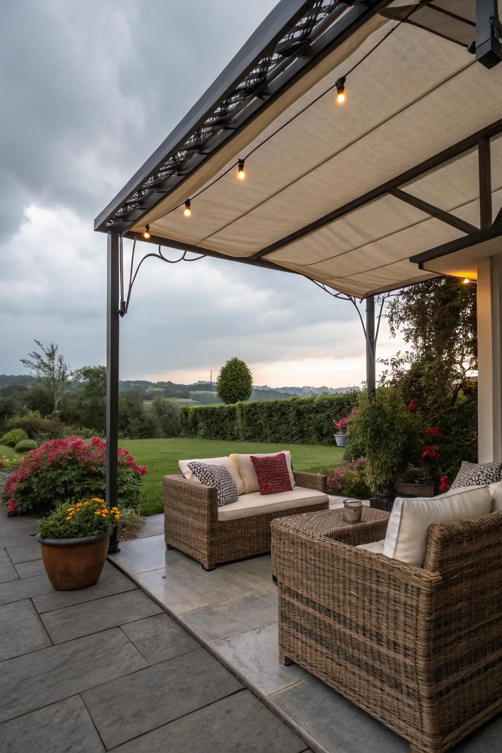 Adaptable patio design incorporating sheltered and open settings.