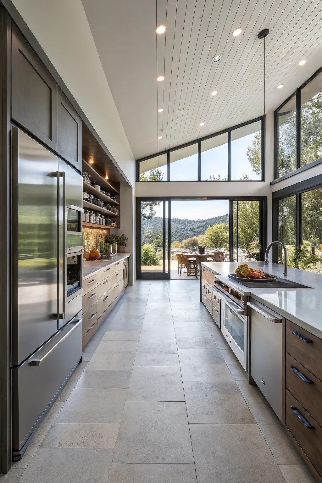 Seamless integration of contemporary appliances in a wide galley kitchen.