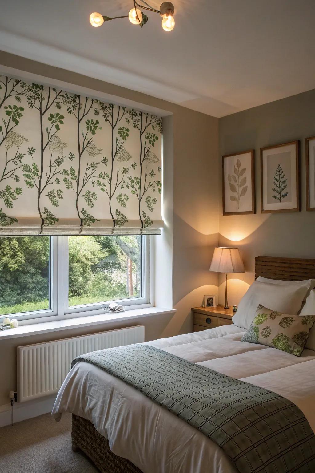 Organic inspired coverings that promote a peaceful environment in a bedroom.