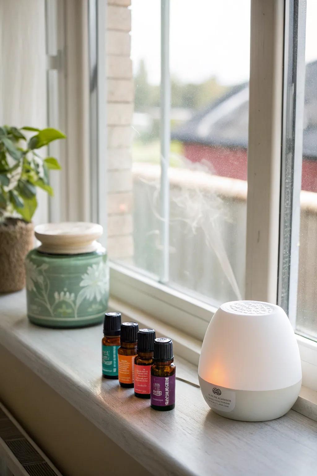 An aromatherapy setup on a windowsill, featuring essential oils.