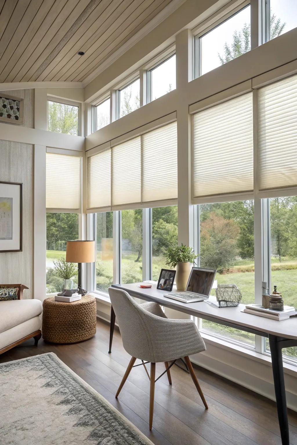Honeycomb shades offer energy conservation paired with a modern aesthetic.