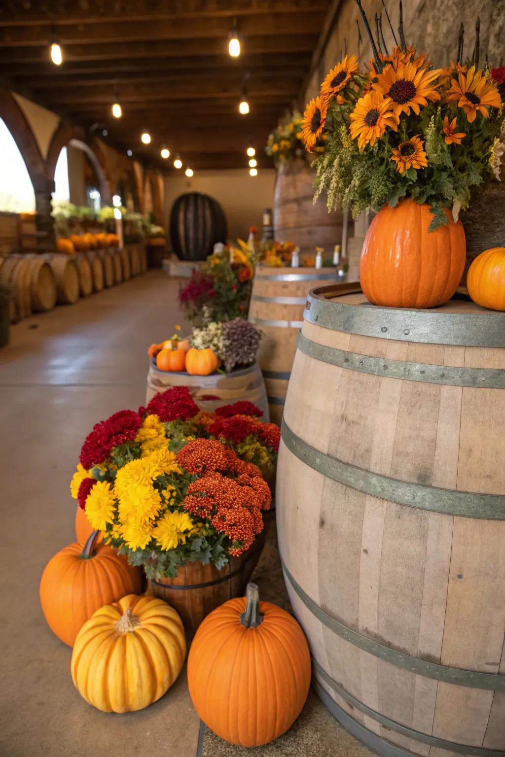 A wine cask dressed for the autumn season.