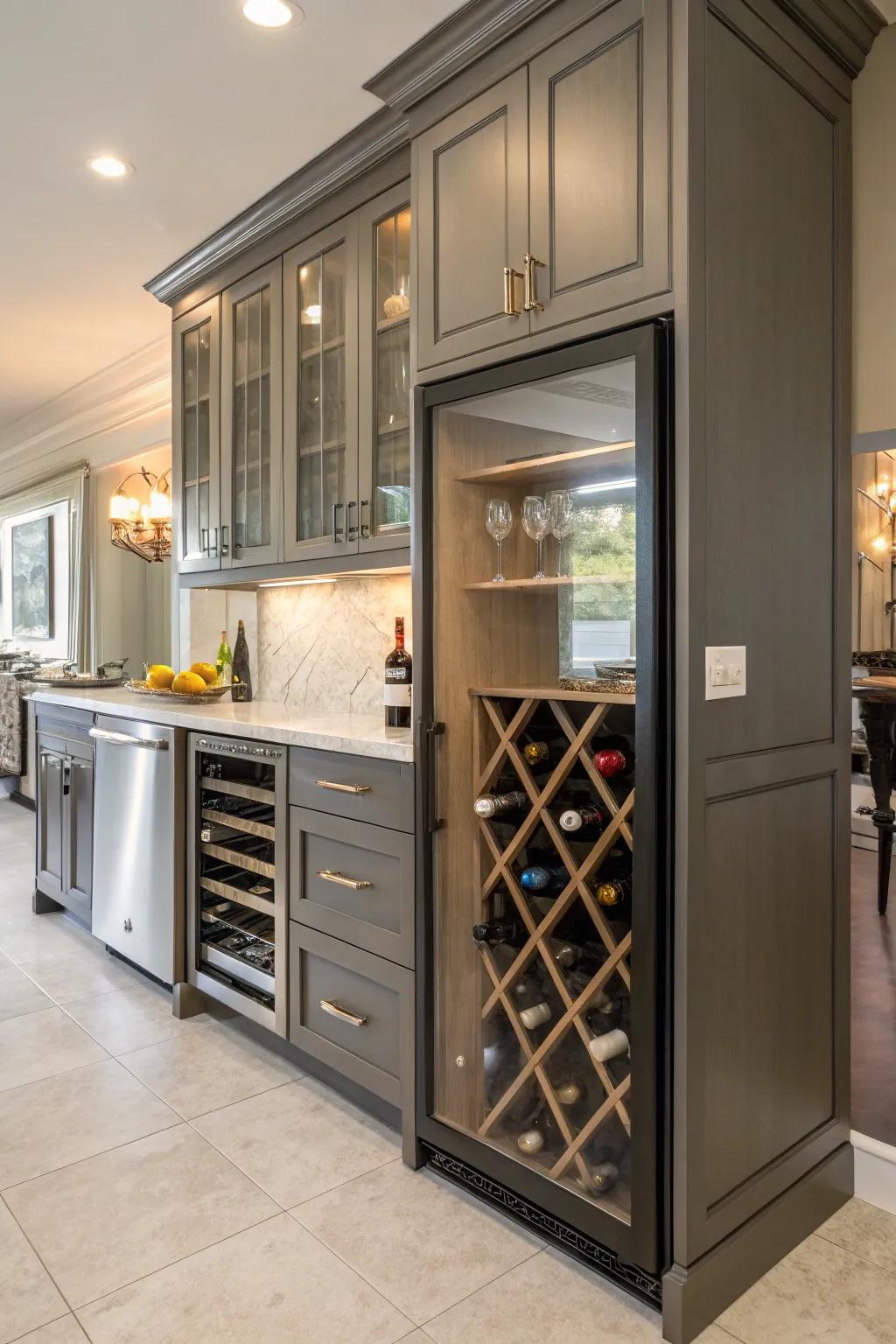 Customized storage unifies wine storage with the kitchen&rsquo;s aesthetics.