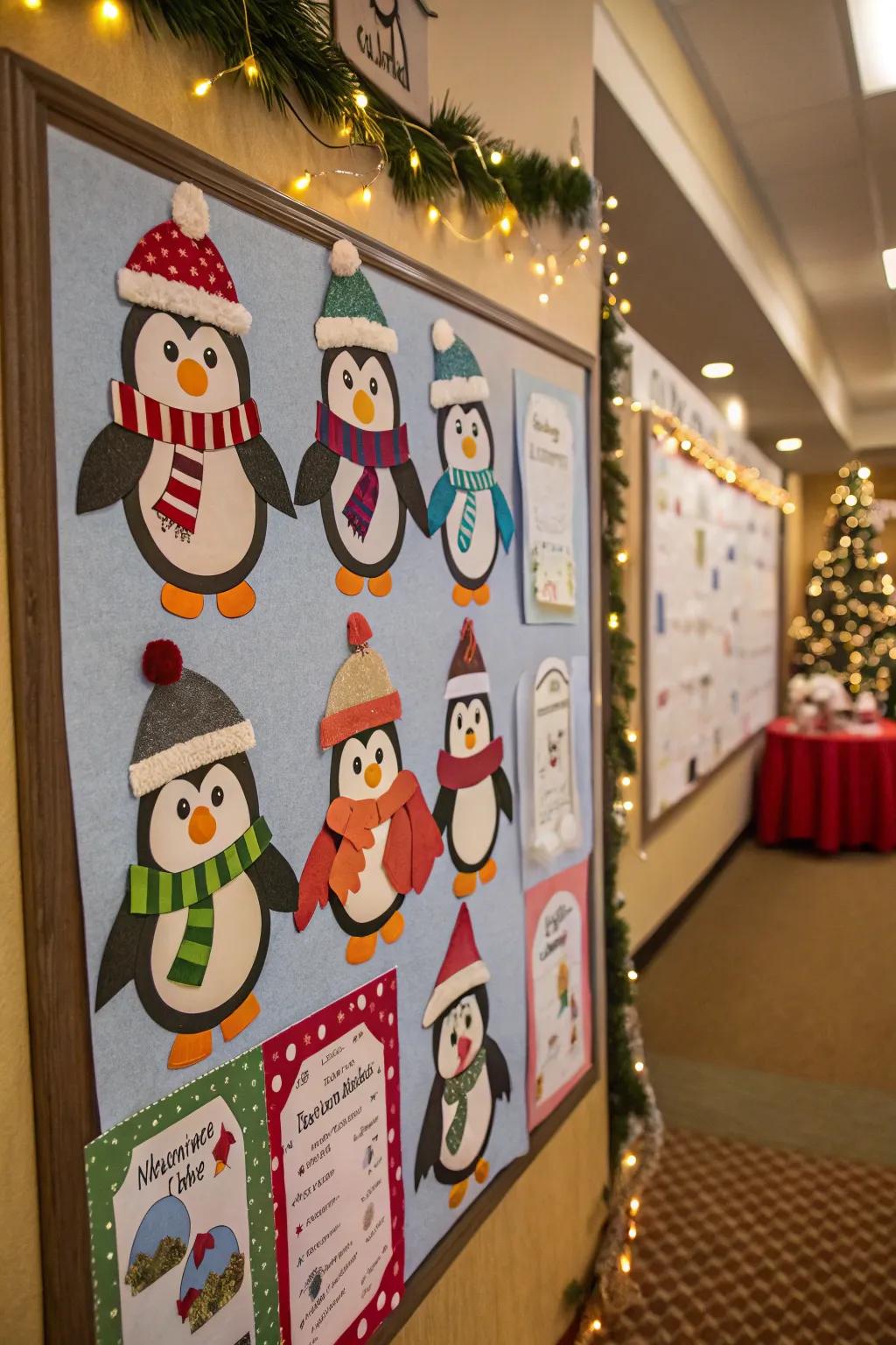 A gathering of flightless birds adds a whimsical charm to the classroom bulletin board.