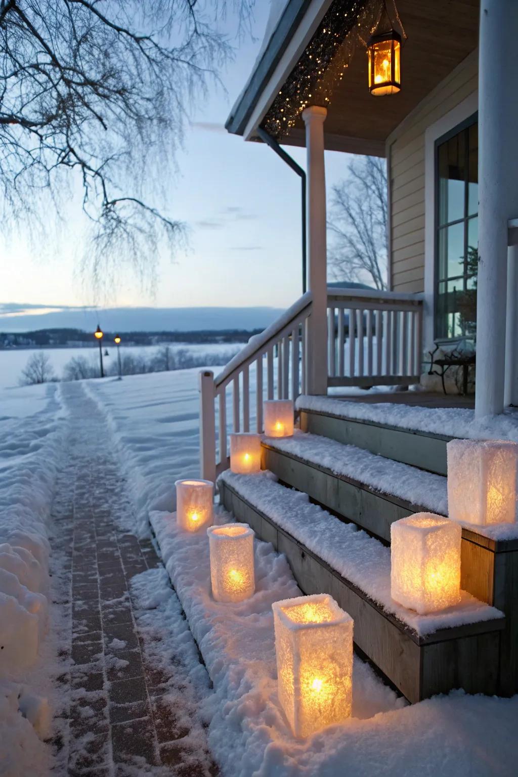 Magical ice lanterns illuminate this winter porch.