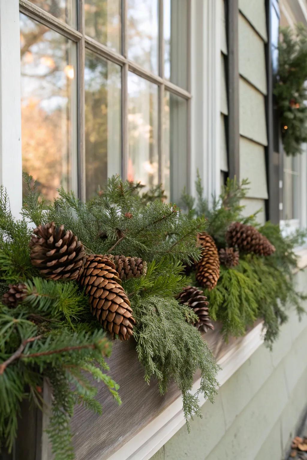 Pine cones add rustic charm to winter window boxes.