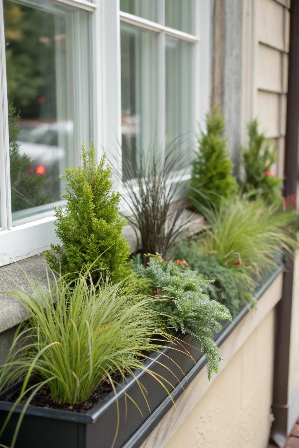 Carex grasses contribute both texture and movement to this winter window box.