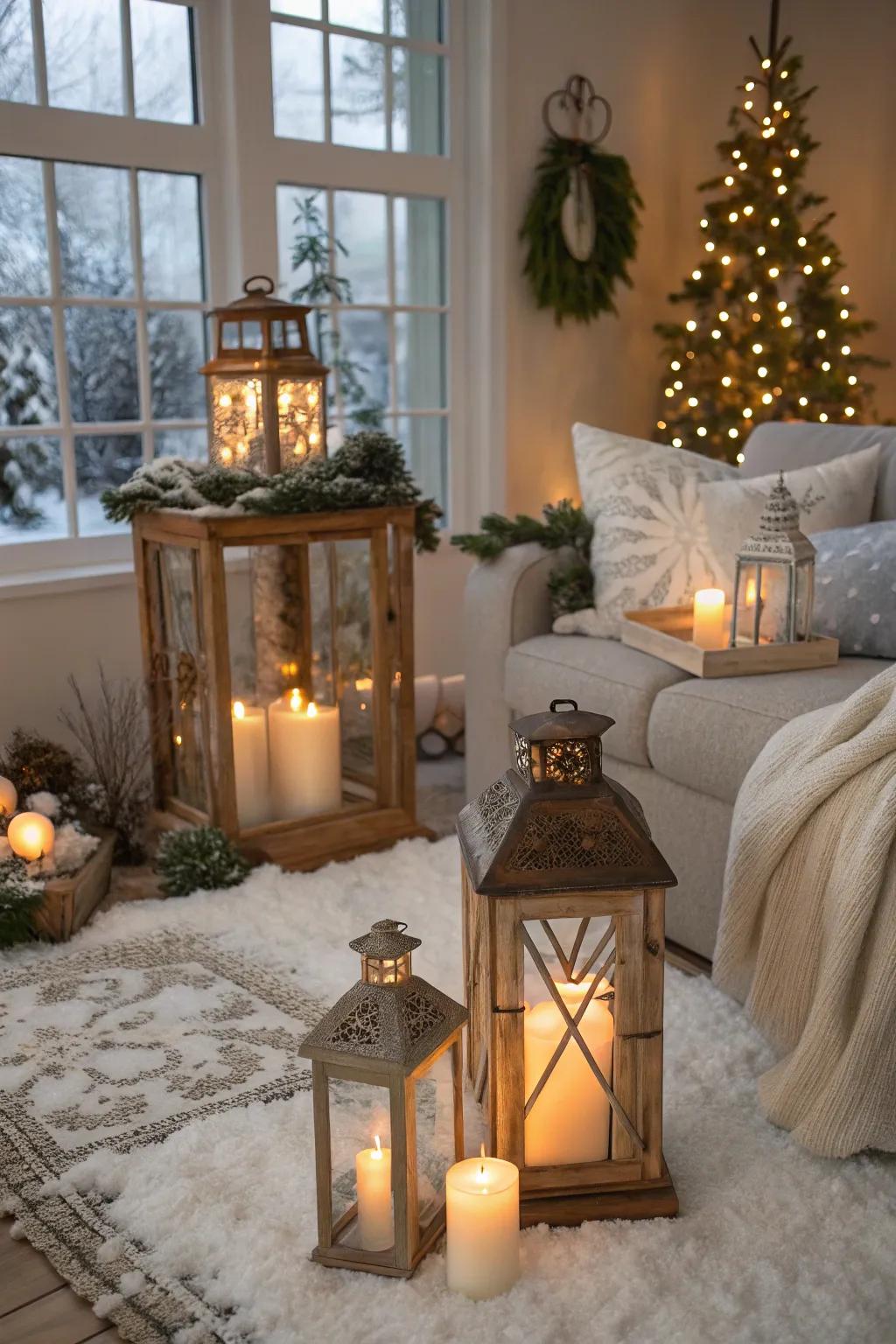 Rustic lanterns contribute warmth and allure.