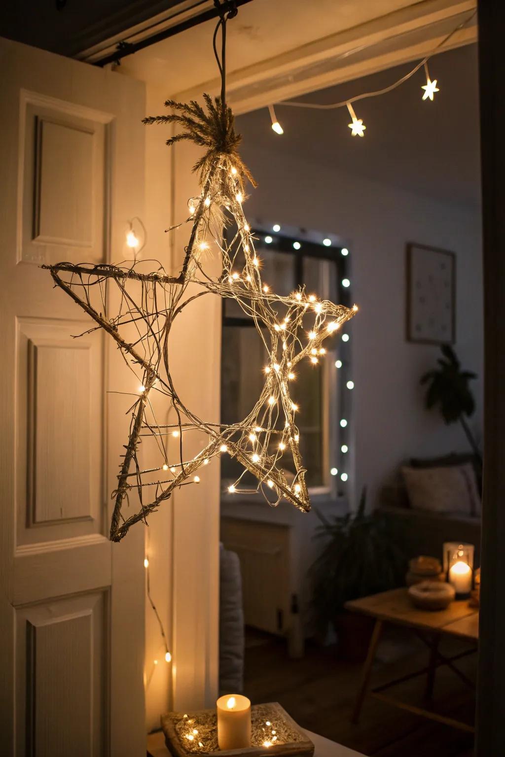 A whimsical twinkle light star wreath for enchanting evenings.