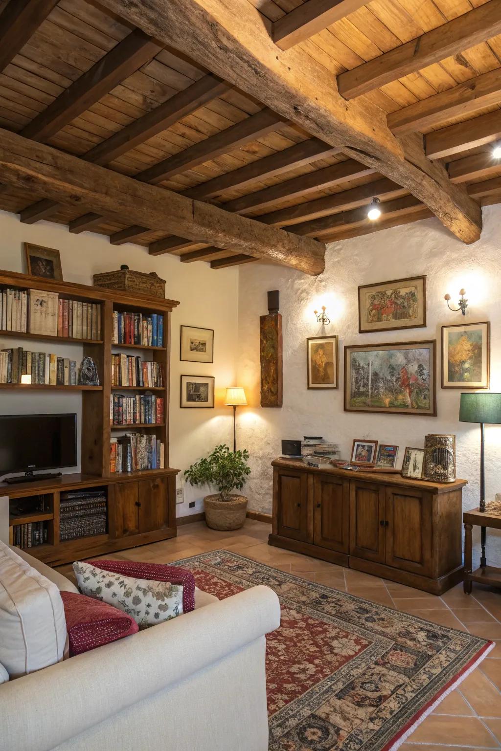 A personalized living room featuring art and shelves under wood beams.
