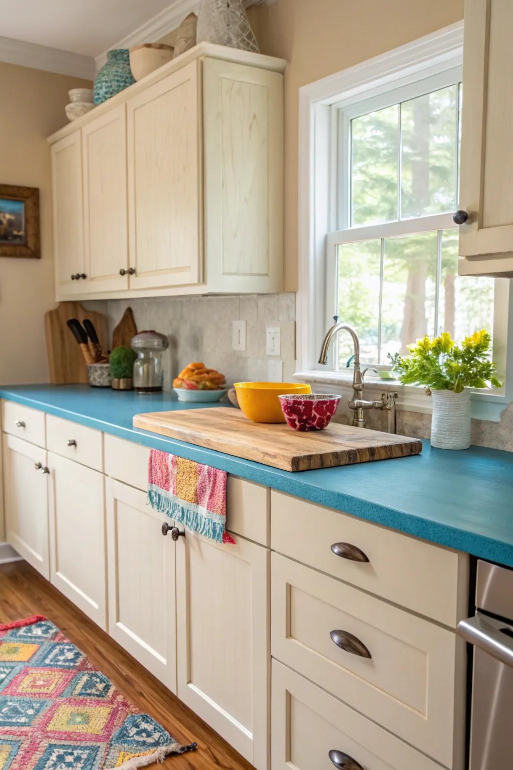 A striking color burst on timber countertops for a vibrant kitchen aesthetic.