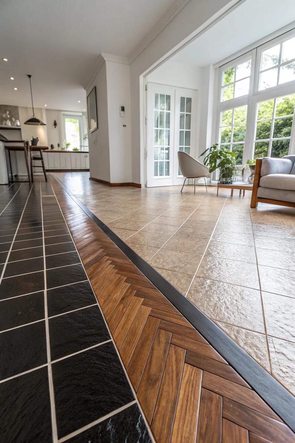 A modern interior showcasing a bold squared shift between tiled and hardwood flooring.