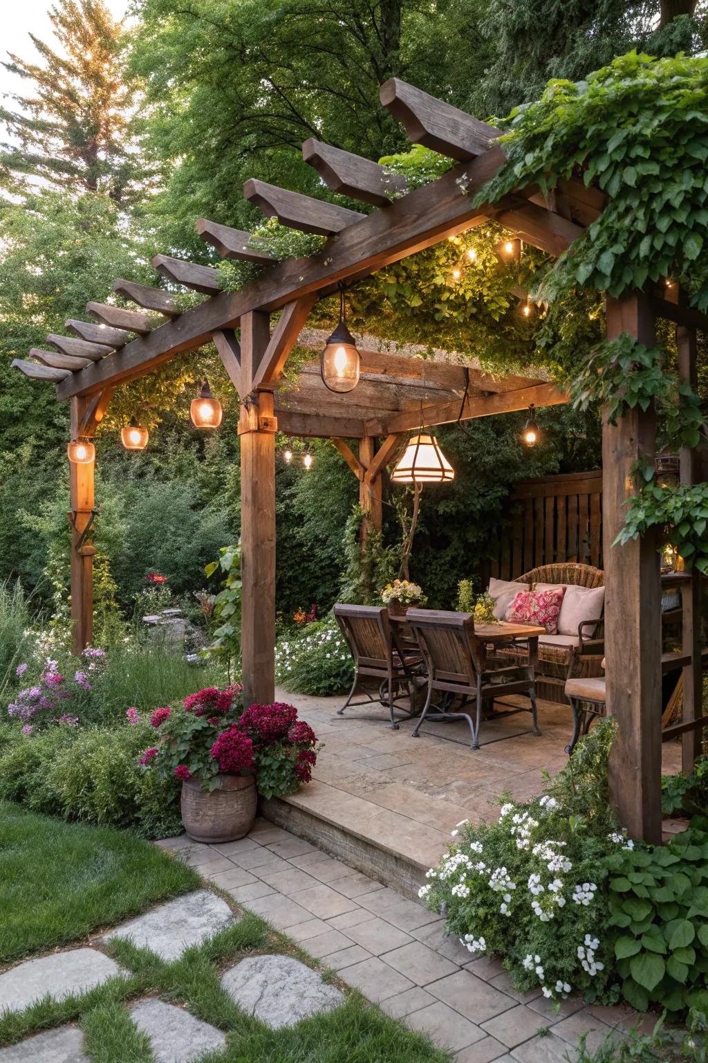 Design a shaded haven with a wooden pergola.