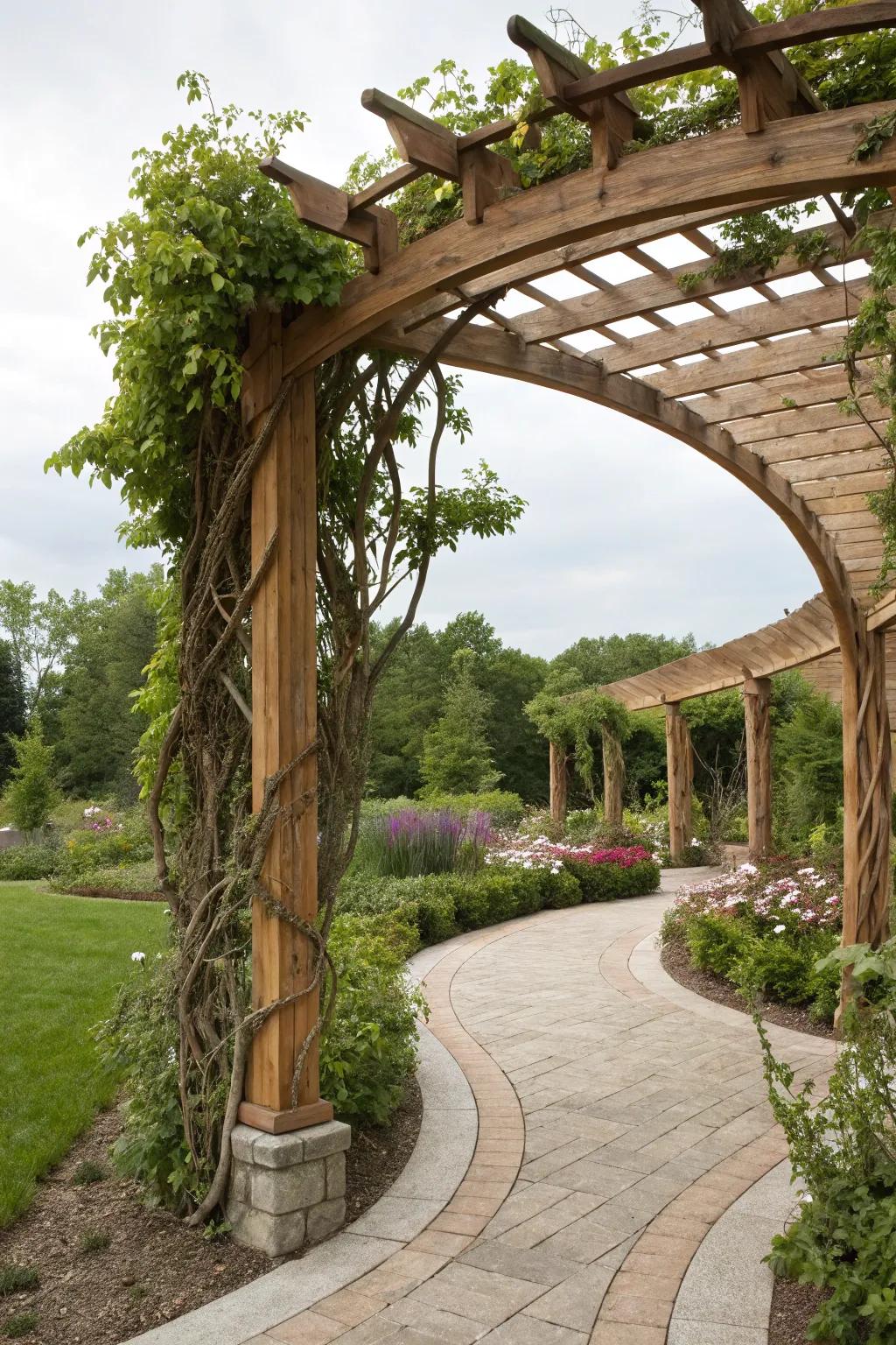 A sophisticated curvilinear pergola with natural charm.