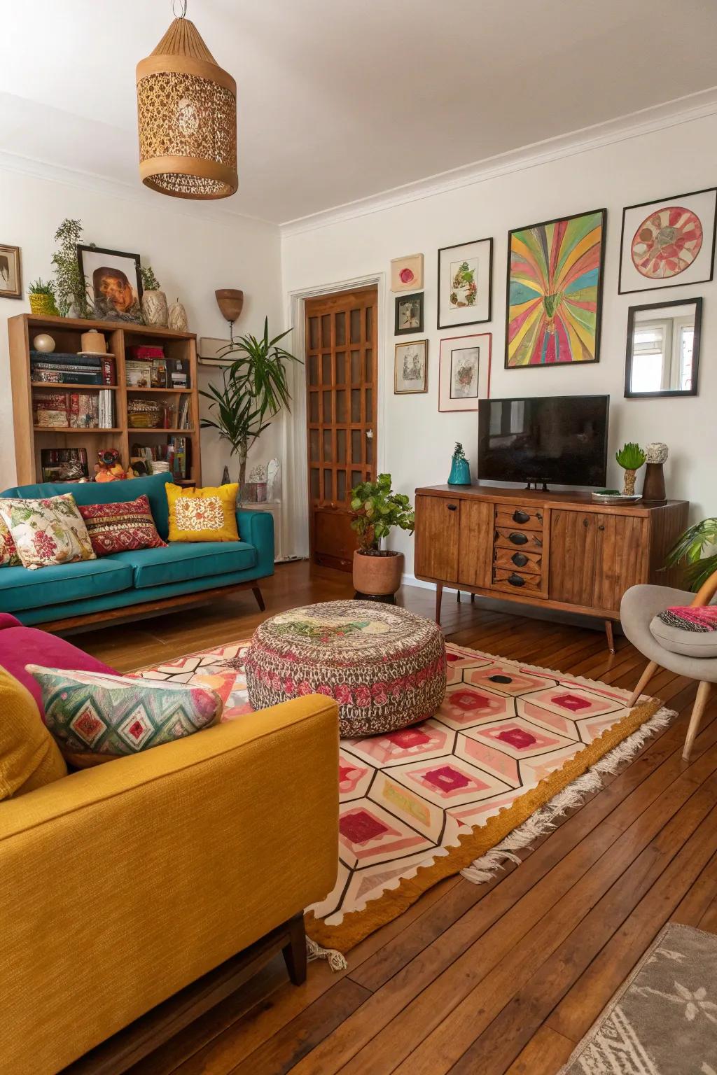 A diverse living space with a rich mix of wood shades.