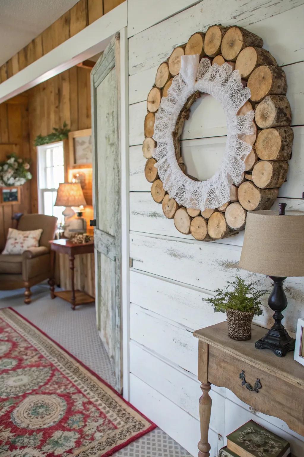 Vintage lace and wood round combination provides romantic beauty.