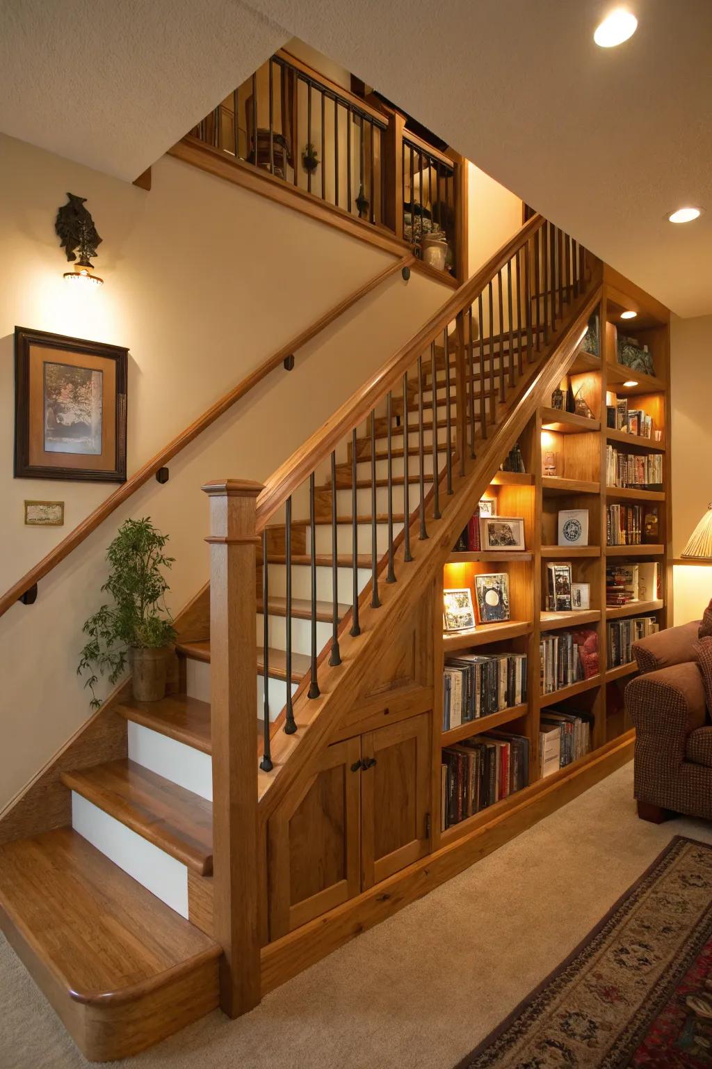 Practical design: shelves incorporated into wood railings.