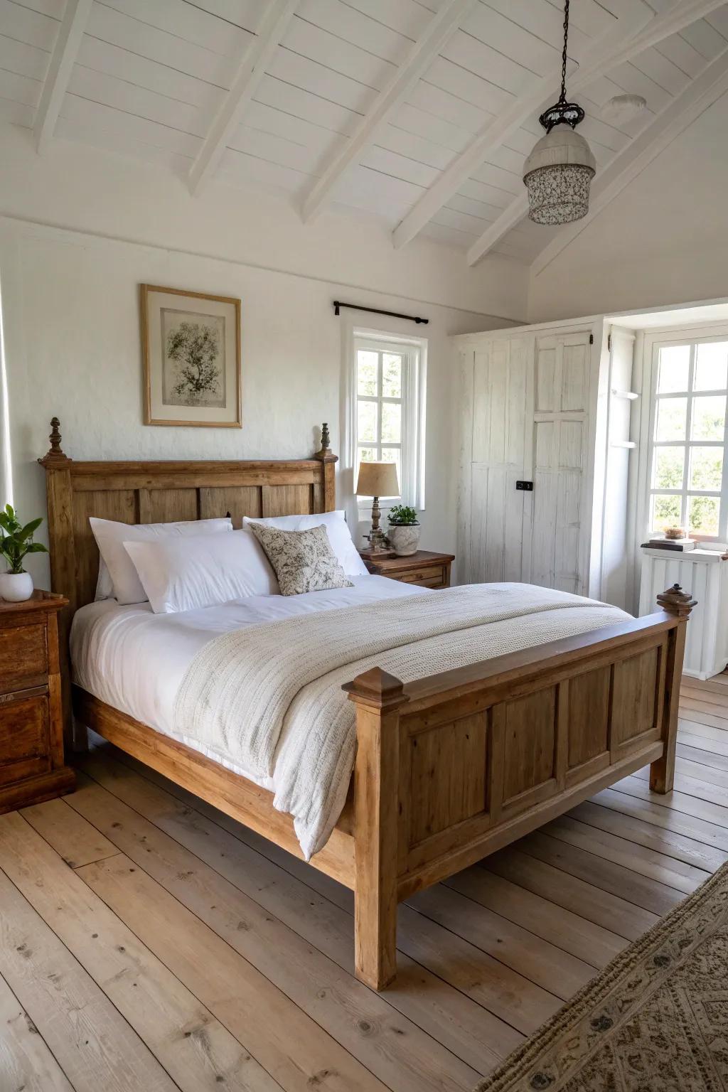 Simple bedding enhances this wooden bed&rsquo;s elegance.
