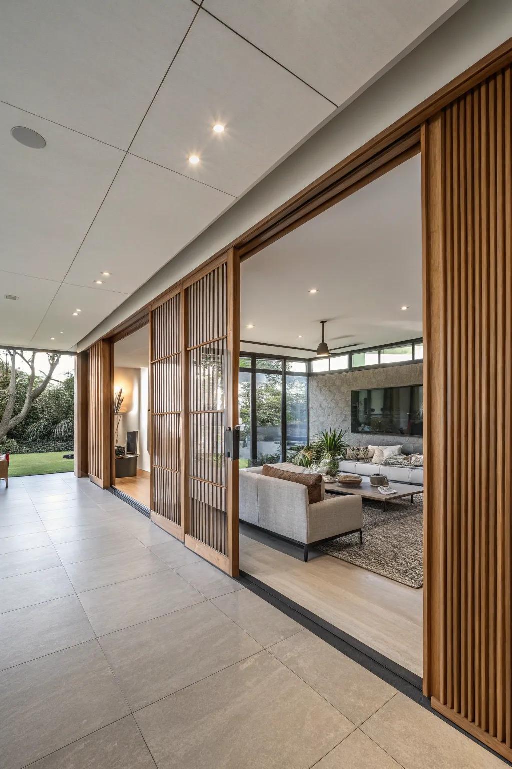 Sliding partitions offer adaptable spatial management in this modern living space.