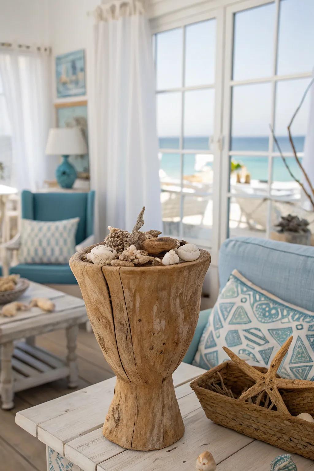 Add coastal charm with wooden vases decorated with driftwood.