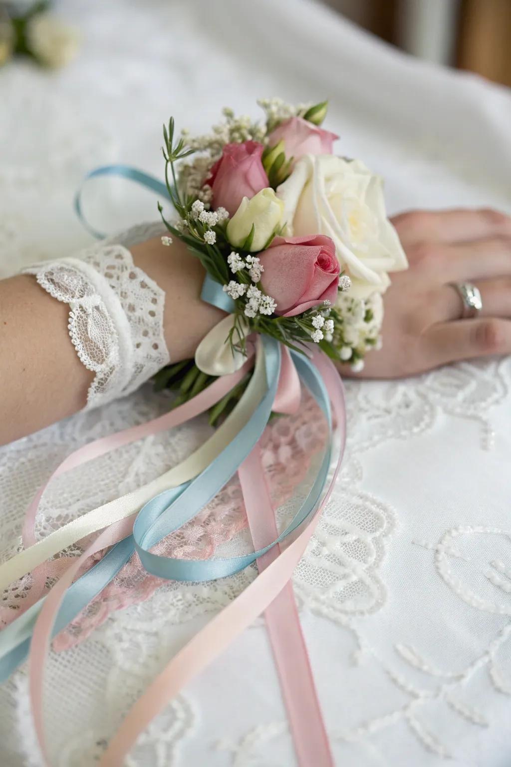 Playful wrist corsage featuring playful band knots.
