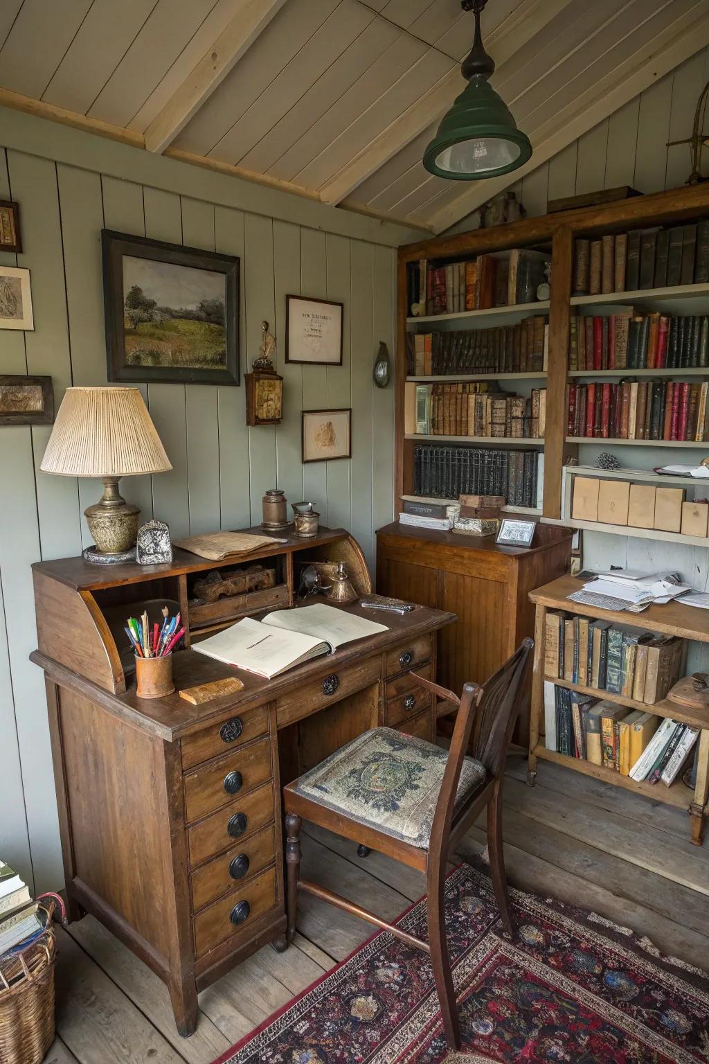 A writing shed filled with vintage charm and character.