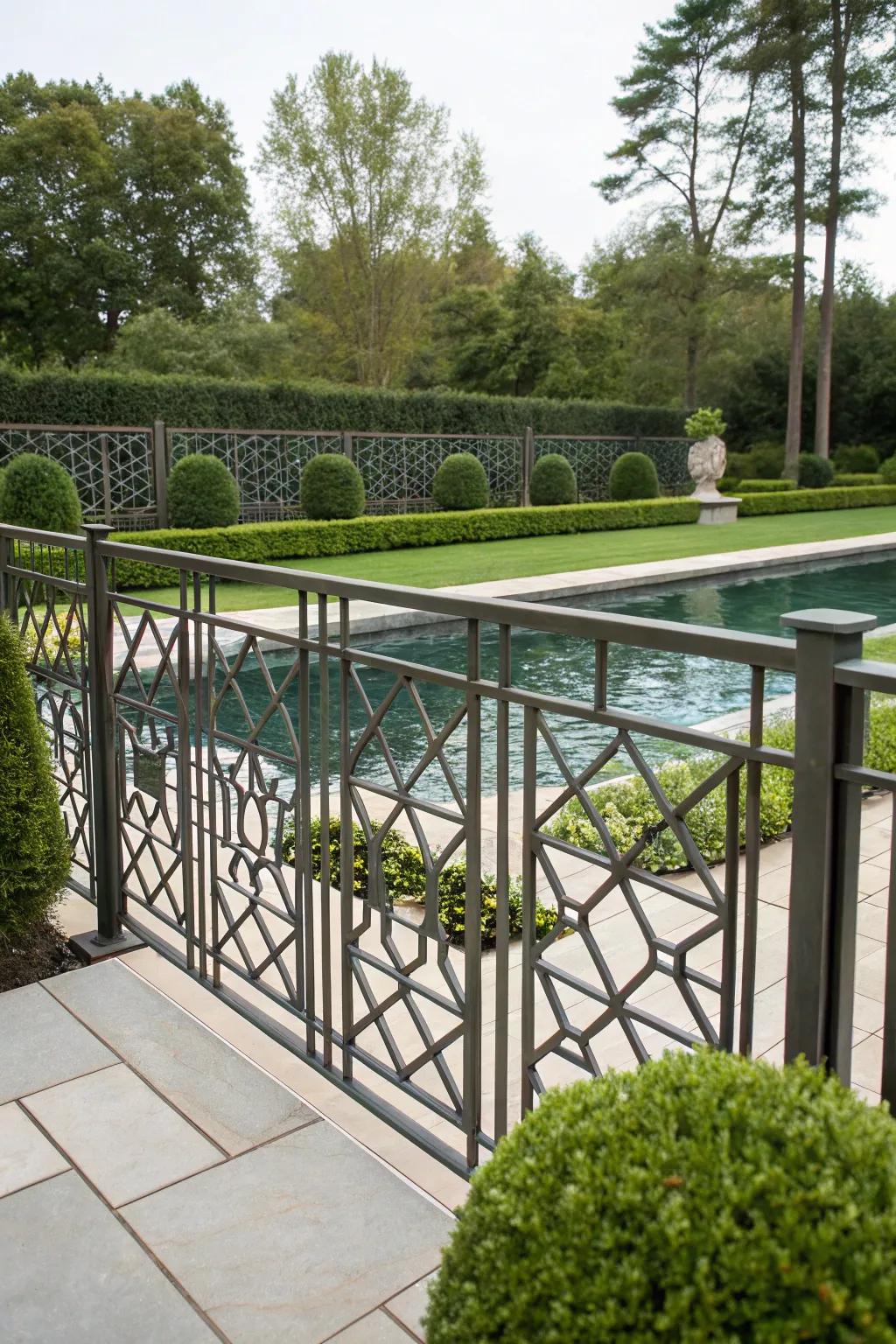 Geometric patterns on a metal rod barrier offer a modern twist.