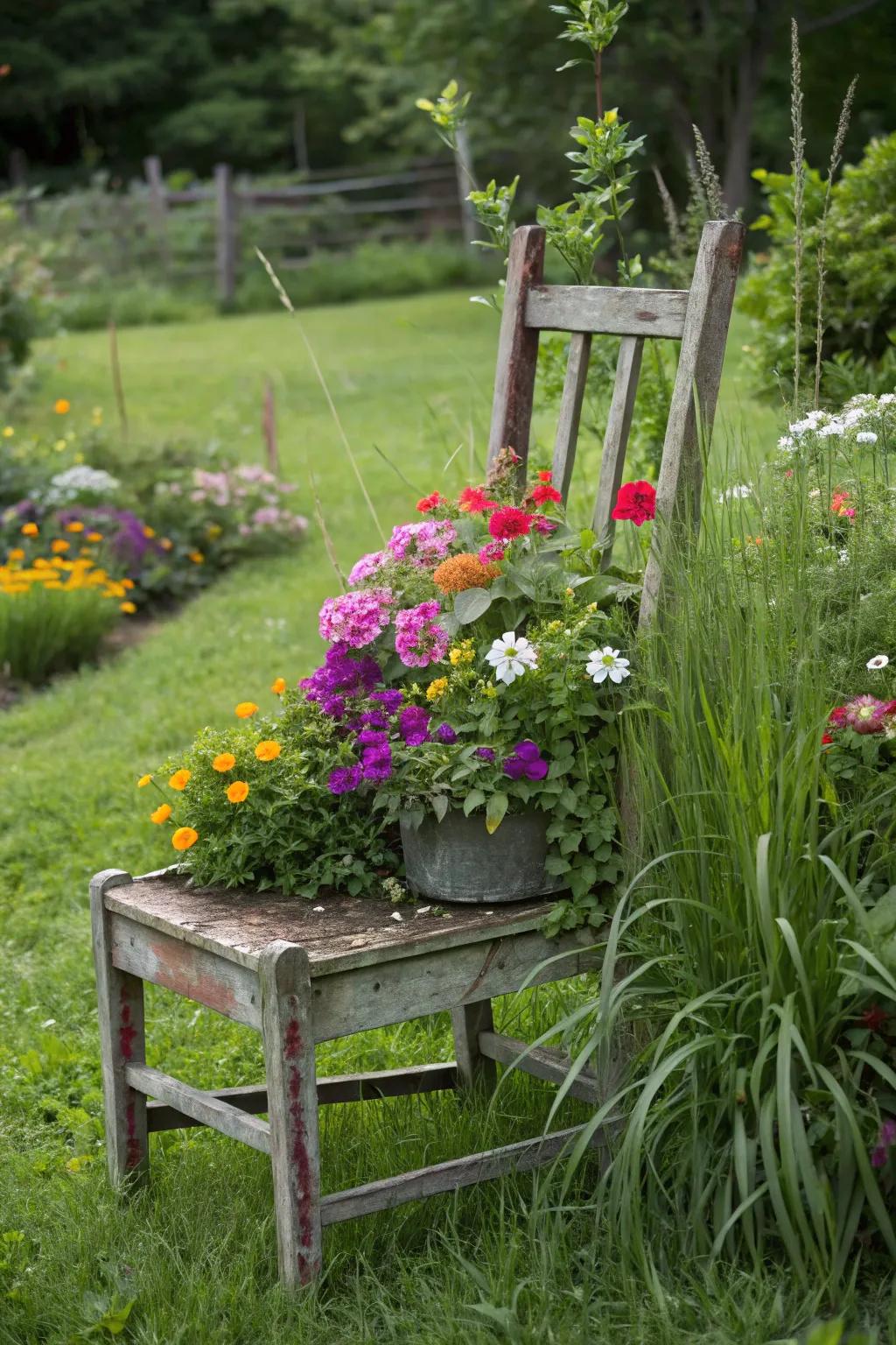 Classic seat containers offer a playful touch to this garden.