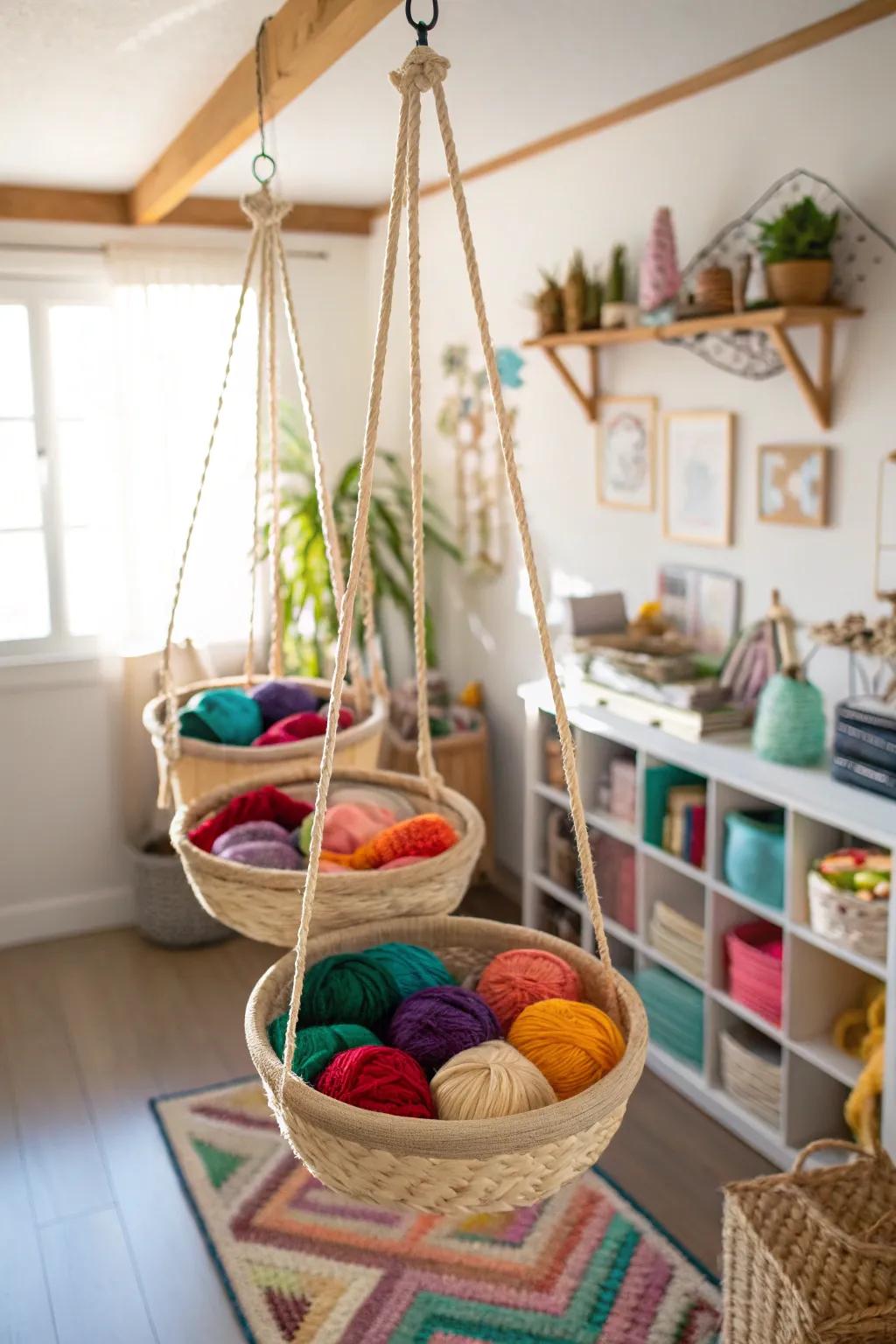 Hanging baskets make use of vertical space for easy-to-reach yarn storage.