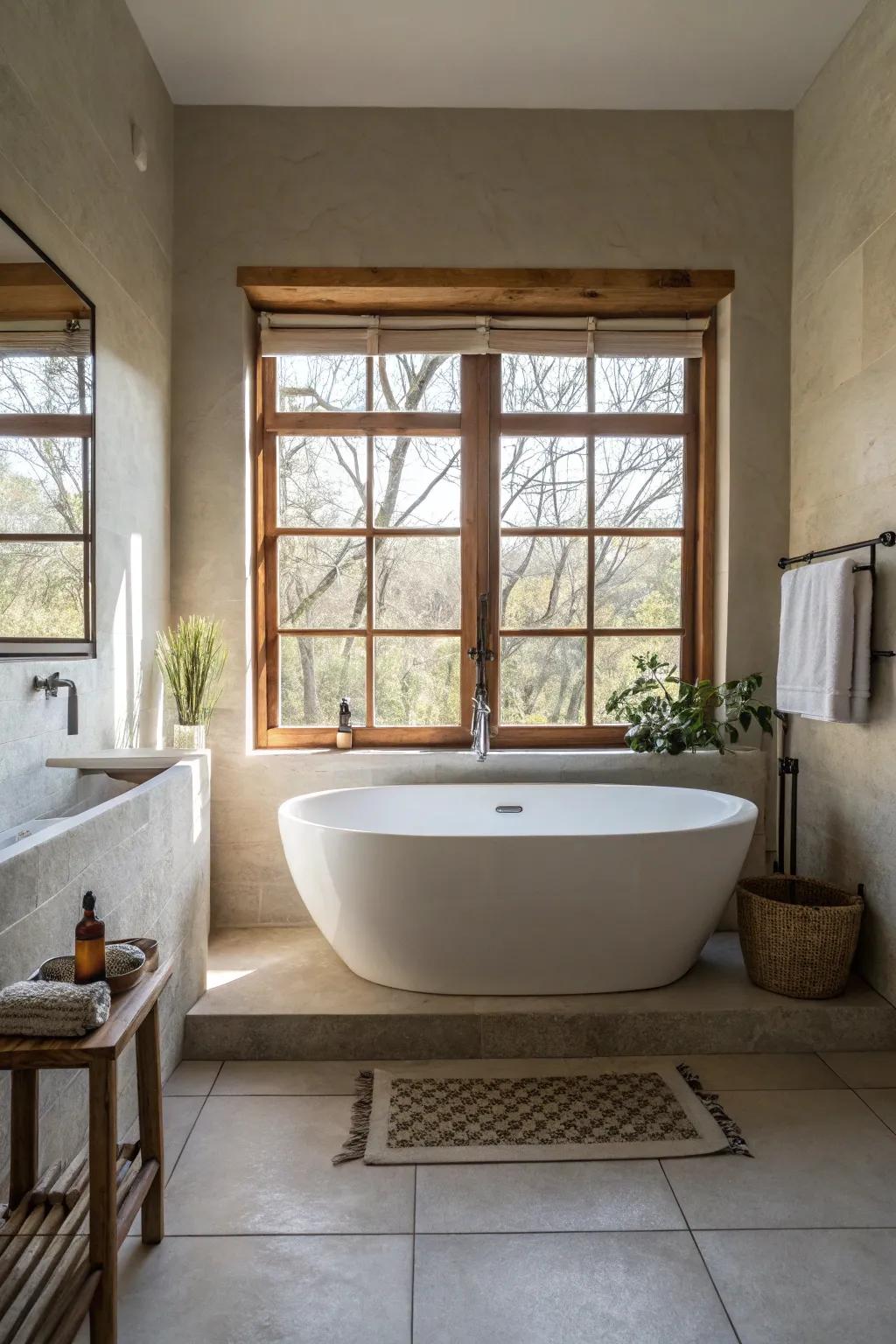 A central bathtub is a sumptuous focal point in a zen bathroom.