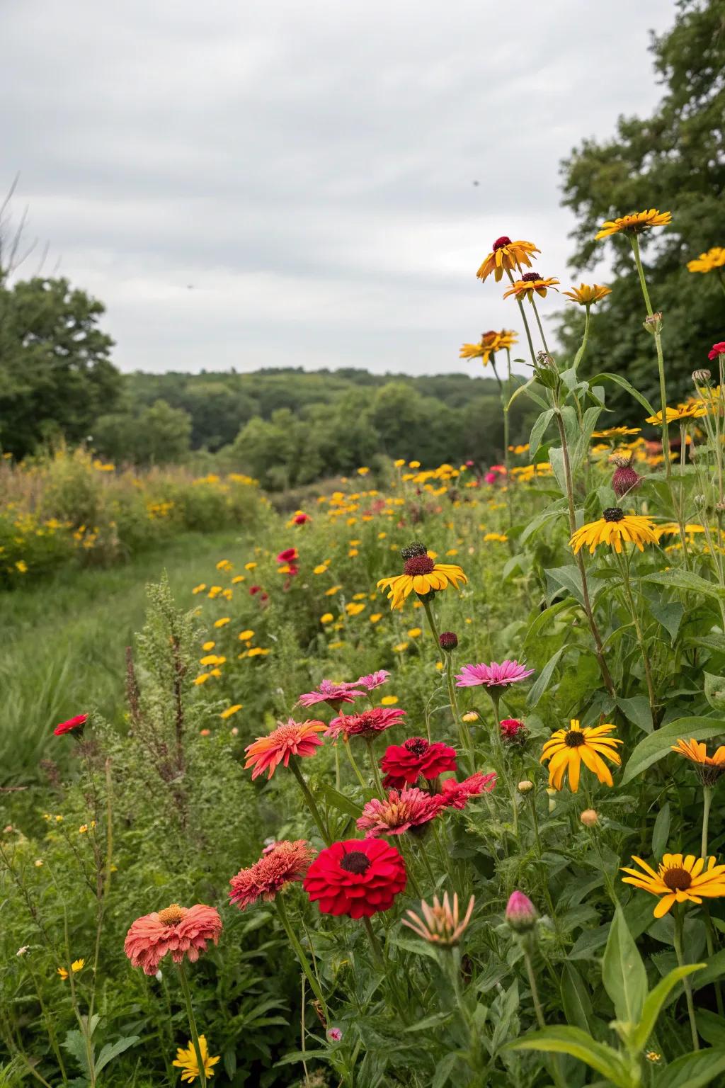 A whimsical wildflower garden with 'Blooms of Joy' and companion blossoms.